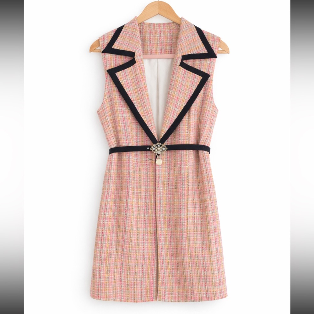 SHEIN Pink Tweed Vest with Black Accents And Belt Size 6